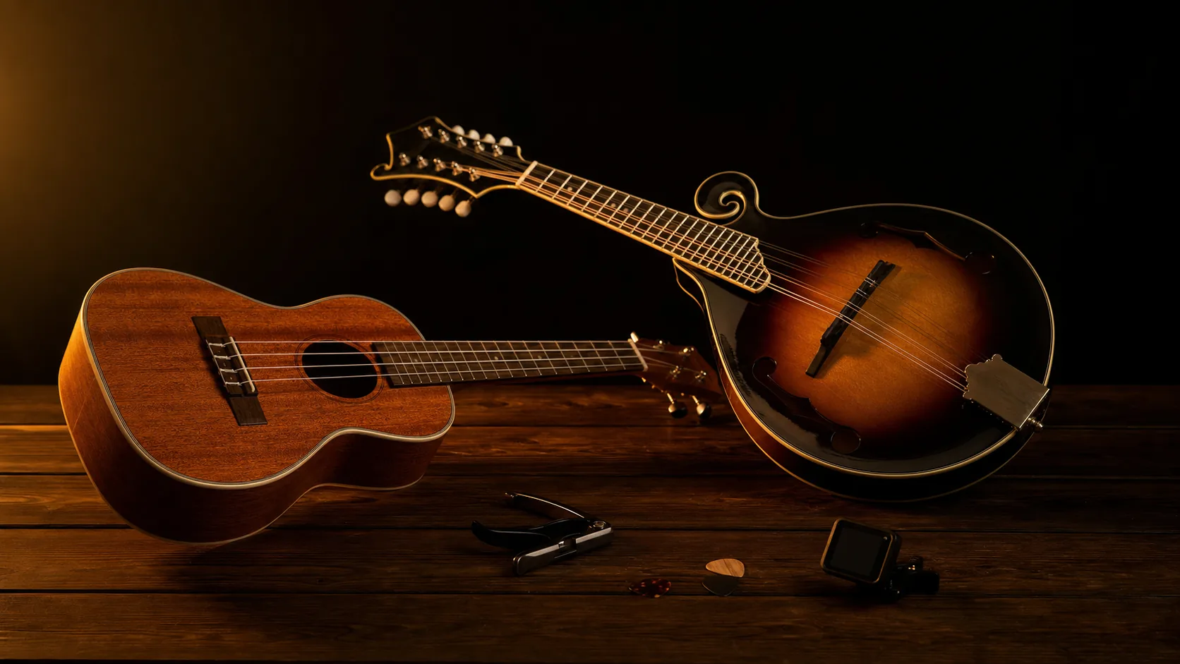 A ukulele and a mandolin on a dark wooden table with a capo, picks and a tuner